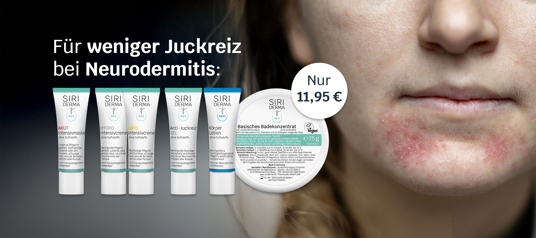 Produkte aus dem Kennenlern-Set MED und das Gesicht einer Frau mit Neurodermitis im Mundbereich