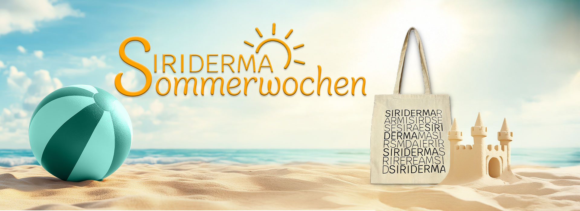 SIRIDERMA Sommerwochen: Shopping-Bag auf Sandstrand neben Sandburg und türkisem Ball