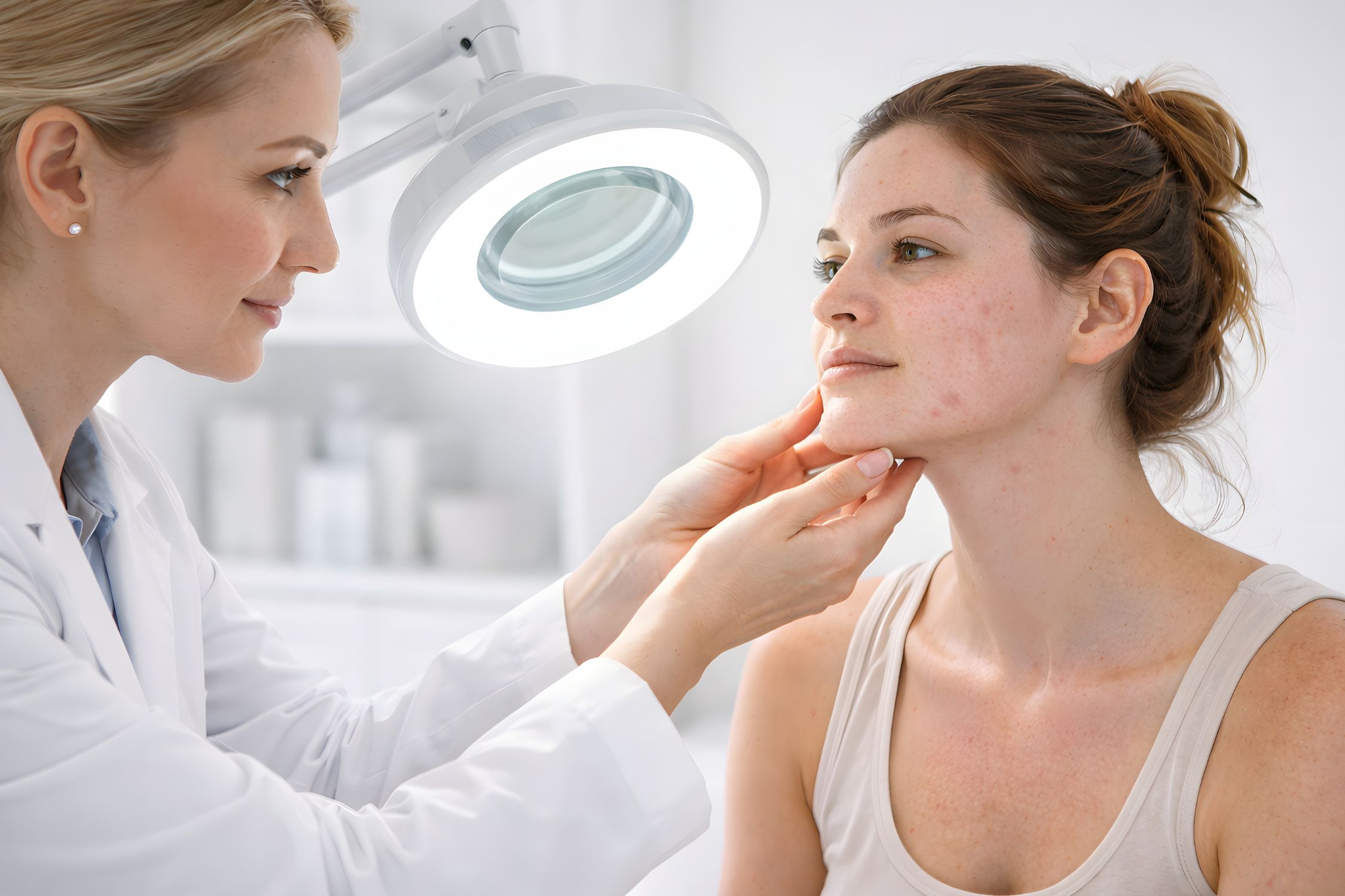 Eine Dermatologin untersucht die Gesichtshaut einer Frau