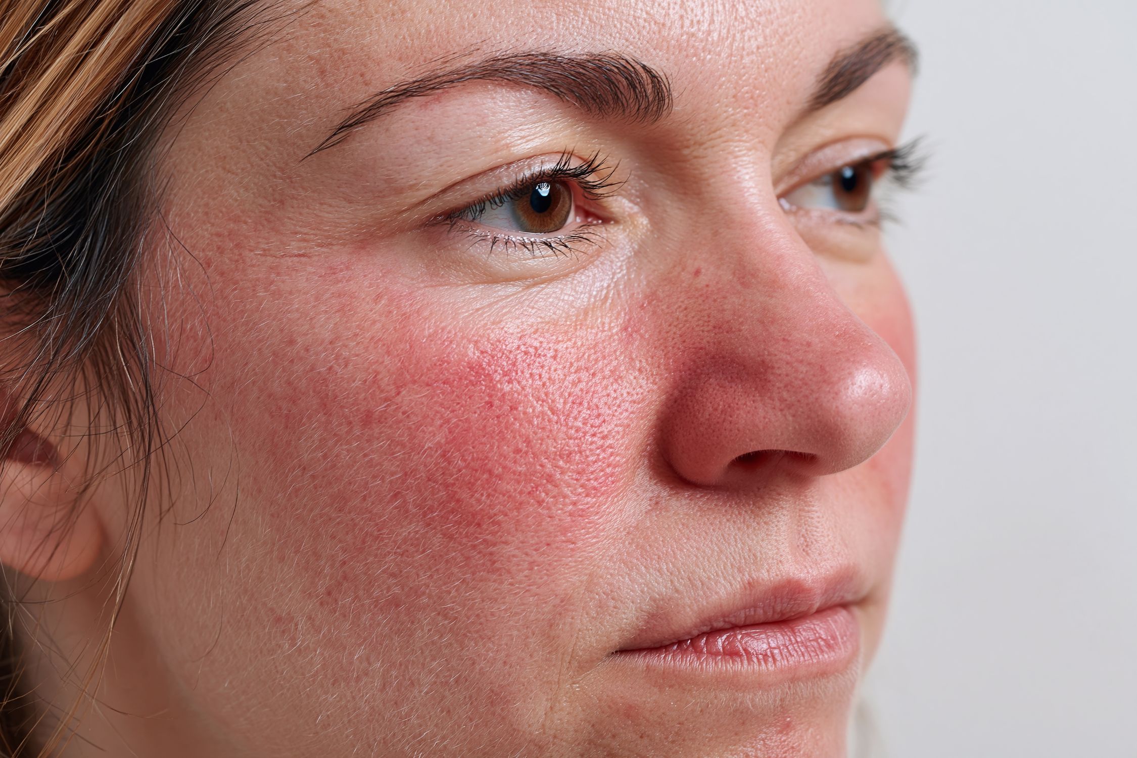 Frau mit Rötungen im Gesicht durch Rosacea