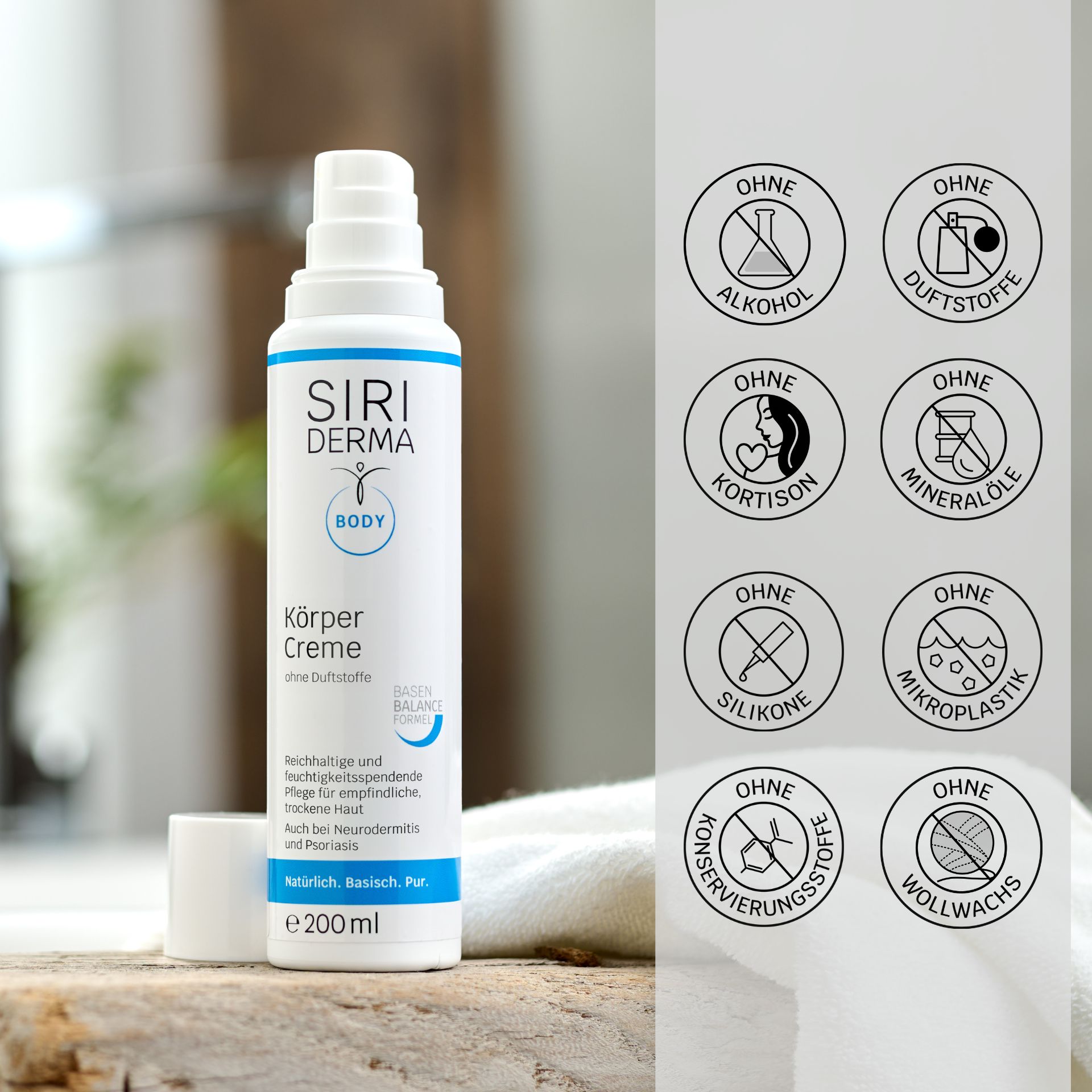 Körperlotion ohne Alkohol, Kortison, Mineralöle, Mikroplastik, Silikone, Konservierung, Wollwachs