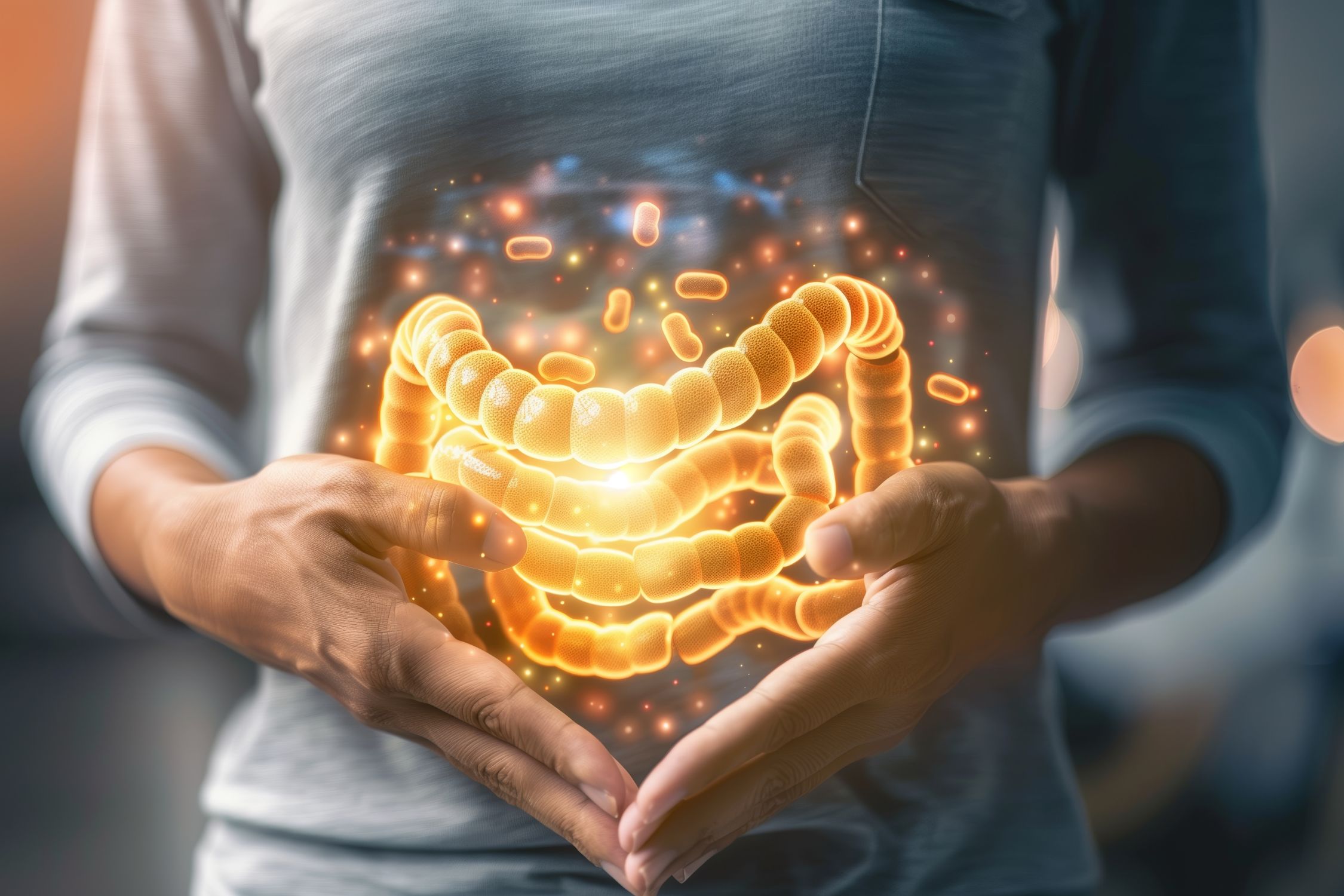 Stilisierte Darstellung eines Darms und Darmmikrobioms, das bei Neurodermitis gestört sein kann