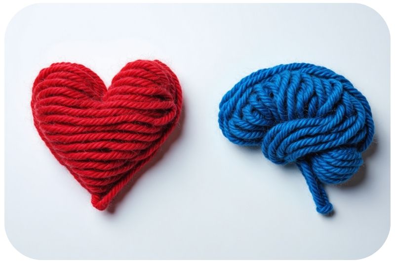 Zwei Wollknäuel - eins in rot in Herzform, eins in blau in Gehir-Form