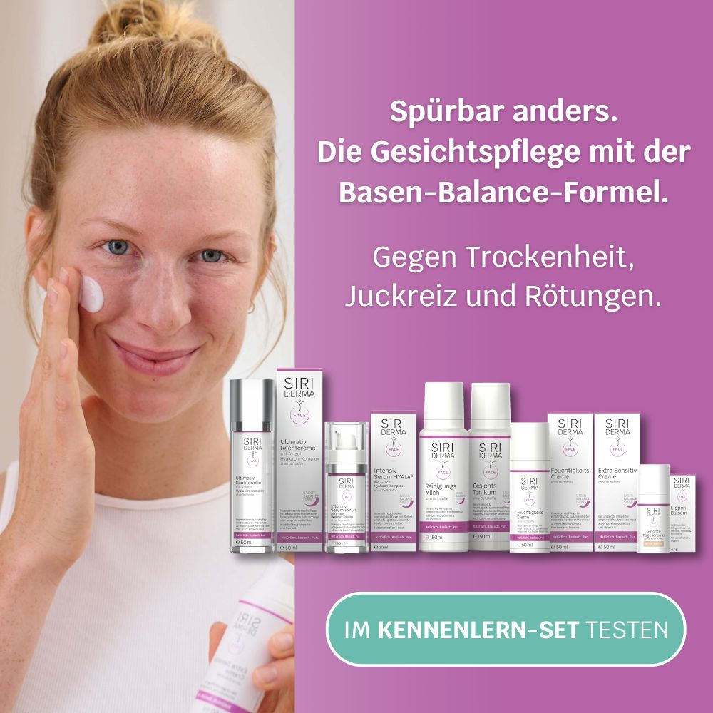 Rothaarige Frau cremt Gesicht ein, daneben Siriderma Face Produkte und Text: Spürbar anders, die Gesichtspflege mit der Basen-Balance-Formel. Gegen Trockenheit, Juckreiz und Rötungen. Im Kennenlern-Set testen.