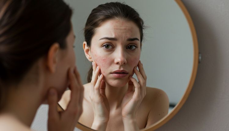 Frau mit Rosacea betrachtet sich im Spiegel