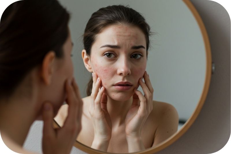 Frau mit Rosacea betrachtet sich im Spiegel