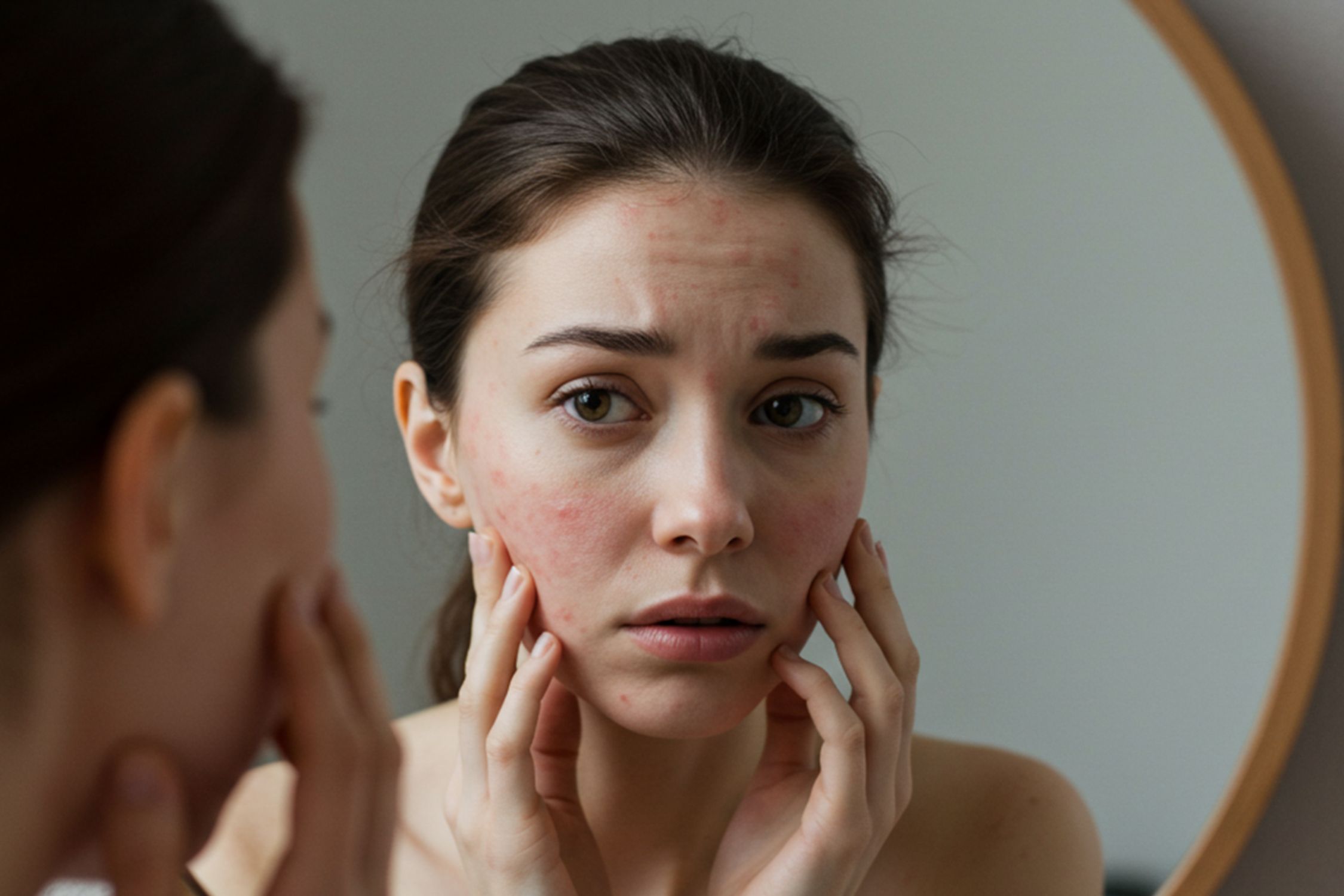 Frau mit Rosacea schaut traurig in den Spiegel