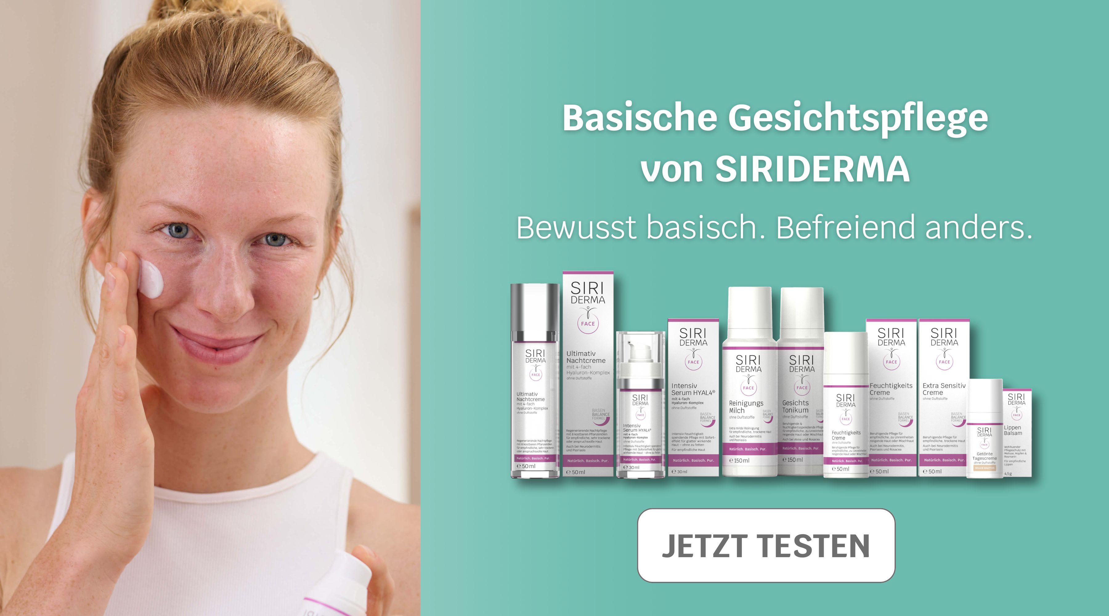 Rothaarige Frau cremt Gesicht ein, daneben Siriderma Face Produkte und Text: Basische Gesichtspflege von Siriderma. Bewusst basisch, befreiend anders.